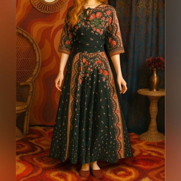 Vintage 70’s Chessa Davis USA Black Floral 2 Piece Long Maxi Dress sz 4 Women's - Picture 1 of 7